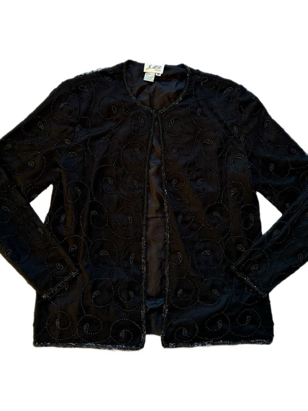J.M.D. New York Vintage Silk Women's Black Beaded Open-Front Blouse Jacket